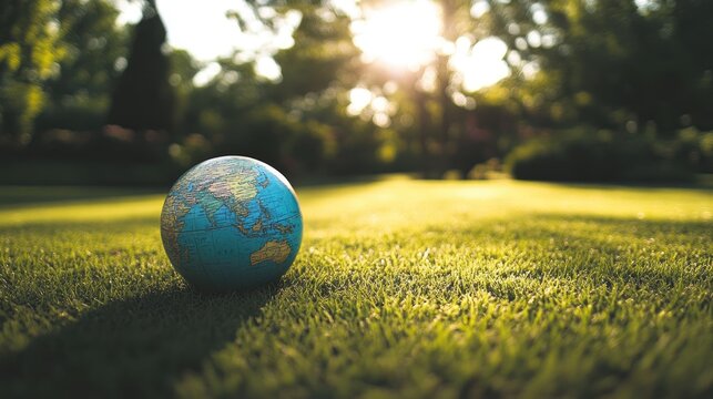 A globe resting on lush green grass with sunlight filtering through trees, representing sustainability education.