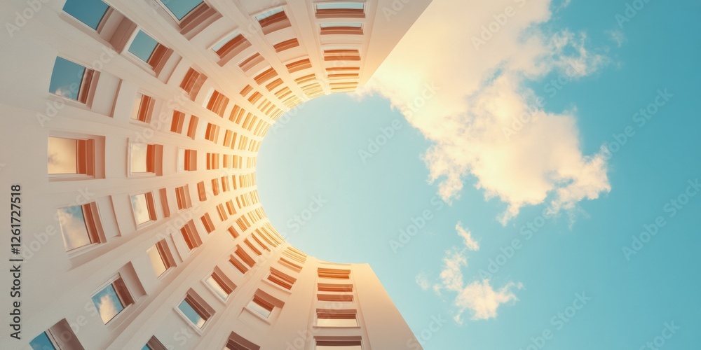 Poster Contemporary Skyscraper Architecture Minimalist Curved Facade with Soft Sky Reflection - Urban Development Visuals for Modern Real Estate and Construction Marketing
