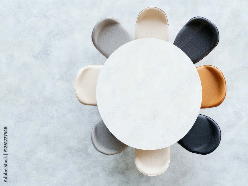 Poster modern minimalist meeting space oval marble table with multicolored fabric chairs - stylish office d
