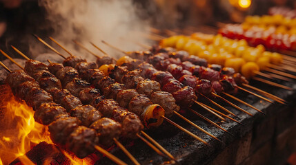 Charcoal-Grilled Beef Skewers with Peppers and Onions, Cooked to Perfection Over an Open Flame