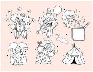 Clown Characters Clowncore Coloring Image Cartoon Hand Drawn Black and White Oultine Doodle set