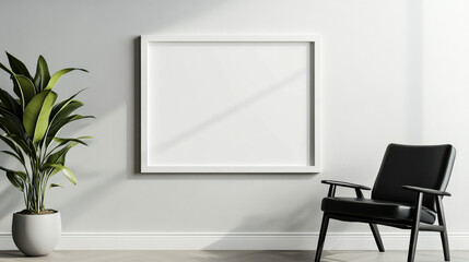 glossy white frame with blank center, chair, and plant