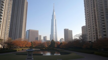 Urban skyscraper viewing from garden city center architectural photography modern environment wide angle cityscape