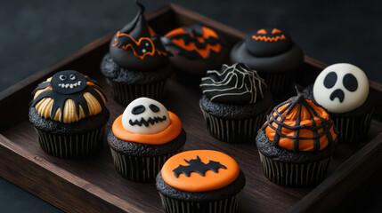 Delicious Halloween themed cupcakes with spooky decorations and vibrant colors