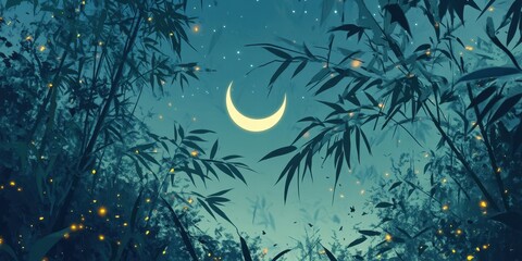 Crescent moon glows above a dense bamboo forest at night