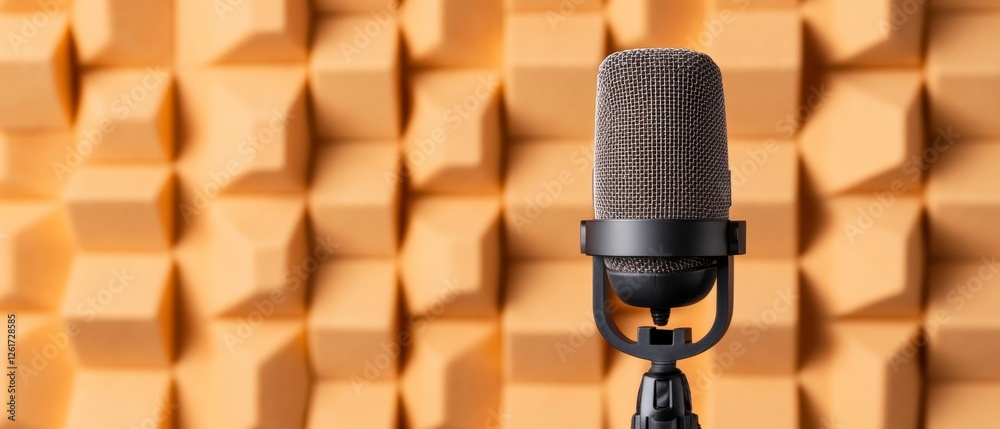 Aufkleber Geometric Acoustic Design Professional Microphone Array with Textured Foam Background in Modern Press Room - Media Communication and Acoustic Optimization