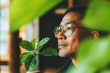 Reflective Moment Mature Asian Man with Greenery - Biophilic Design in Modern Meditation Spaces for Mindfulness and Wellness
