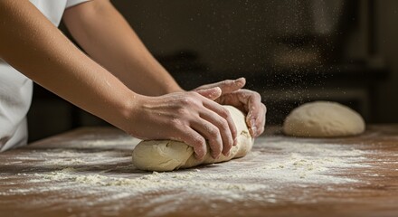 Baker's Hands Kneading Fresh Dough on Floured Wooden Table