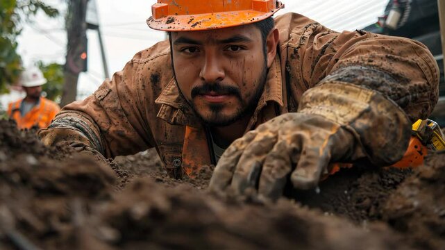 Construction Worker Crawling Through Dirt Compound in Determined Pursuit 