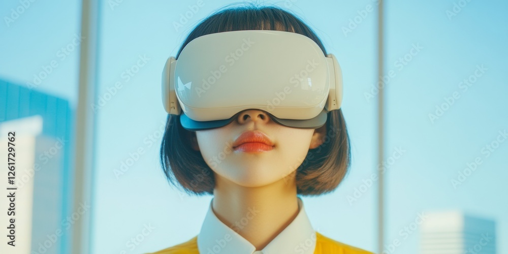 Aufkleber tech-driven well-being asian female engaged in a vr health program with sleek visuals - modern healt