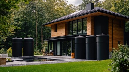 Obraz premium A rainwater harvesting system on a modern eco-friendly house with collection tanks.