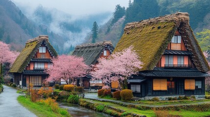 Traditional Japanese Village With Cherry Blossoms