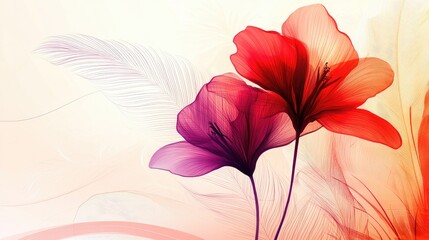 Vibrant Floral Art: Red and Purple Abstract Flowers with Delicate Feather-Like Details