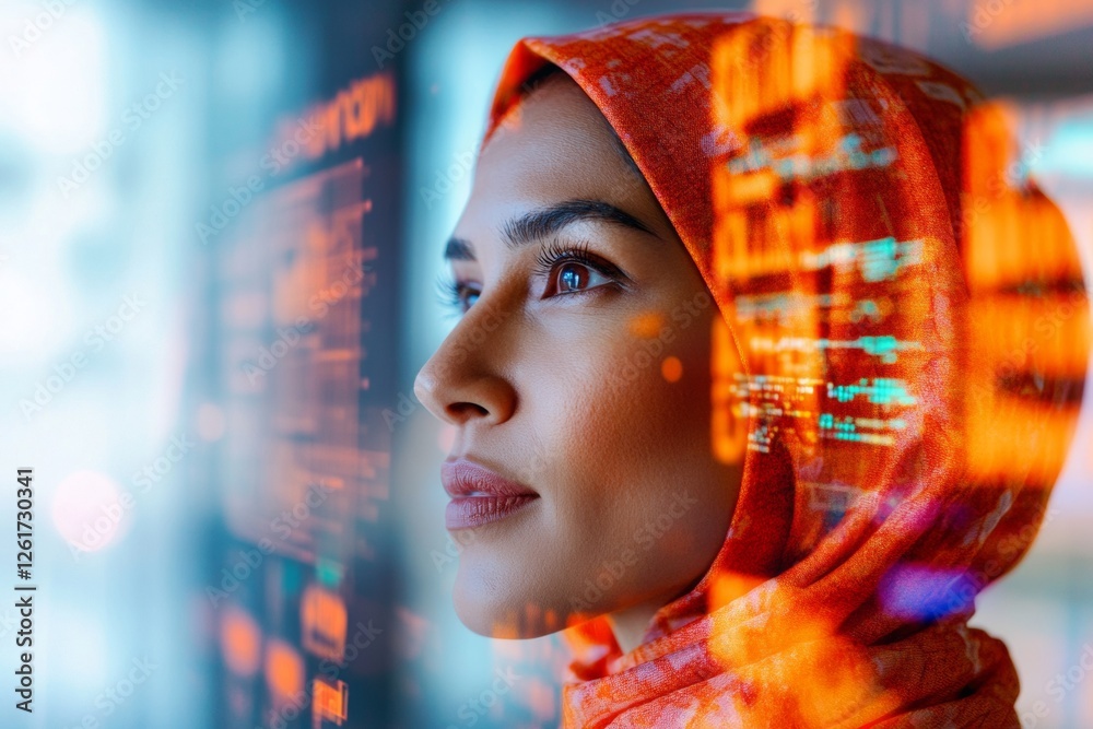 Poster Futuristic Data Visualization Diverse Team in Hijab Innovates Healthcare Strategies with Digital Interface - Enhancing Pharma Insights and Secure Business Integration