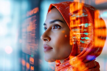 Futuristic Data Visualization Diverse Team in Hijab Innovates Healthcare Strategies with Digital Interface - Enhancing Pharma Insights and Secure Business Integration