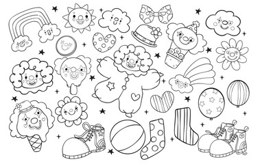 Playful and Whimsical Clown outline Clowncore Cartoon Hand Drawn Doodle Bold line Clipart Set