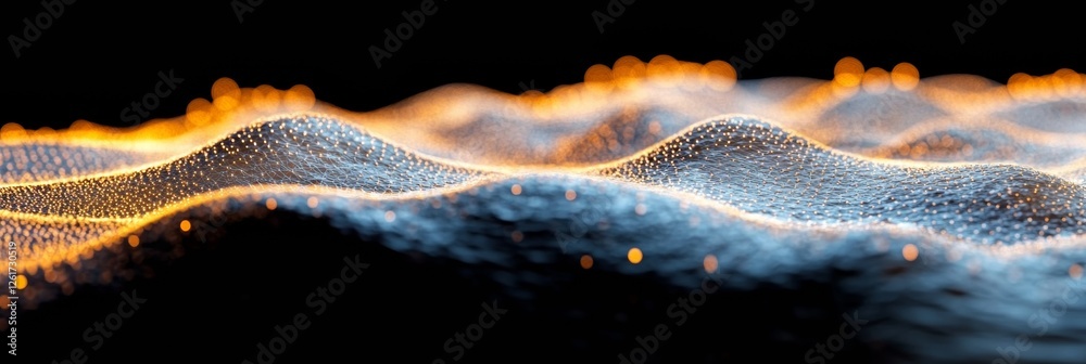 Poster Futuristic Digital Landscape Interwoven Glowing Nodes and Textured Surfaces in Network Visualization - Advanced Tech Aesthetics for Data Analytics and Global Connectivity Enhancements