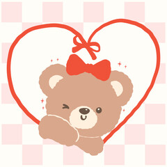 Retro Coquette Teddy Bear with Bow in Ribbon  Heart Shaped Frame Cartoon Hand Drawn flat design
