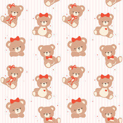 Seamless Pattern Retro Coquette Teddy Bear with Red Bow Cartoon Hand Drawn isolated on background