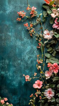 Pink flowers climbing teal wall; nature backdrop