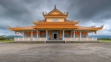 Fototapeta premium Cultural celebration at serenity-filled rural landscape venue architectural front view showcasing tradition and community harmony