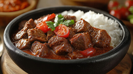 Tender Beef Chunks in a Rich Sauce Served Over Steamed Rice with Cherry Tomatoes and Fresh Herbs
