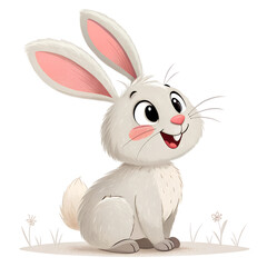 Obraz premium Cheerful white bunny with pink ears and a wide smile, sitting on the ground, small flowers. Cute, playful expression. Spring theme. For greeting cards, invitations, children's illustrations.