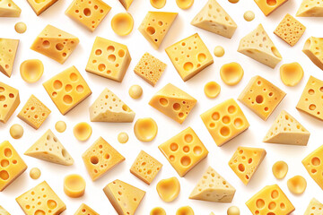 Assorted cheese pieces, overhead studio shot, white background, food pattern, packaging design