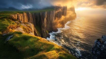 Fototapeta premium Dramatic Sunset Over Coastal Cliffs And Ocean Waves