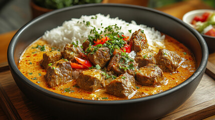 Spicy Curried Beef Served with White Rice, Red Chili Peppers, and Fresh Garnishes for a Bold Flavor