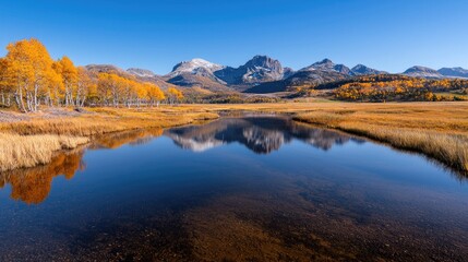 Obraz premium Autumnal Mountain Reflections, Serene Valley Pond, Majestic Peaks