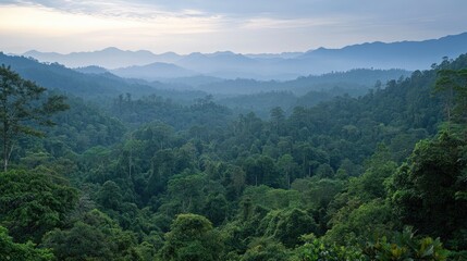 Obraz premium A thriving forest with a distant mountain range in the background, showcasing nature's resilience.