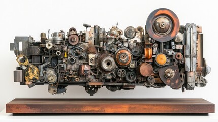 Fototapeta premium A variety of repurposed metal parts assembled into a creative sculpture, demonstrating upcycling.