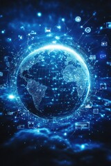 Obraz premium Digital Connectivity: Earth in a Network of Glowing Data and Communication Symbols