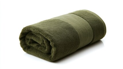 A rolled and folded olive green towel with elegant detailing, set against a transparent background, ideal for home decor and spa aesthetics