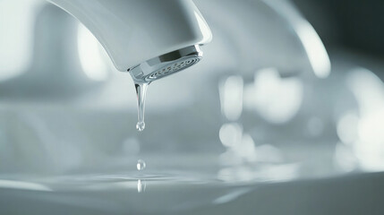 A close-up of a leaking faucet, dripping water steadily onto a white porcelain sink. The image captures the delicate, reflective water droplets, creating a visual representation of urgency.