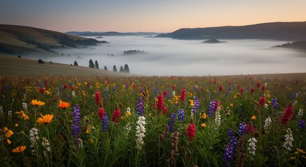 Obraz premium Vibrant Wildflower Meadow at Sunrise with Misty Valley Background