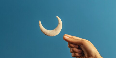 Fototapeta premium Contemporary Eid al-Fitr Serenity Hand Holding Fabric Crescent Moon Pad on Dark Blue - Minimalist Decor for Ramadan Celebrations and Spring Home Accents