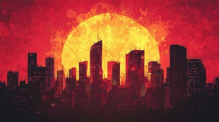 Fototapeta premium Dramatic cityscape silhouetted against a giant yellow orange sun