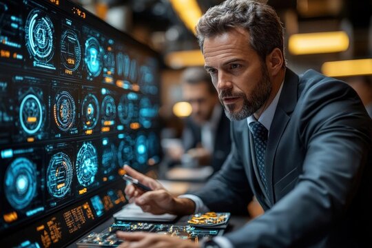 Focused Businessman Analyzing Data On Digital Screens