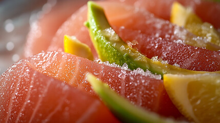 Delicious Salmon Sashimi Lemon Avocado Closeup Fresh Food Macro Photography Raw Diet Fish Meal Sushi