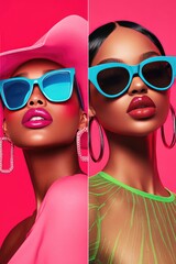 Fashionable Woman in Vibrant Urban Setting Wearing Chic Hat and Sunglasses