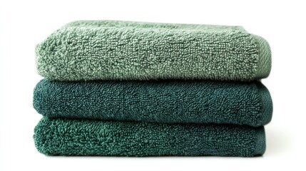 A stack of three green towels in different shades, carefully folded and layered on a transparent background. The plush fibers add a luxurious touch