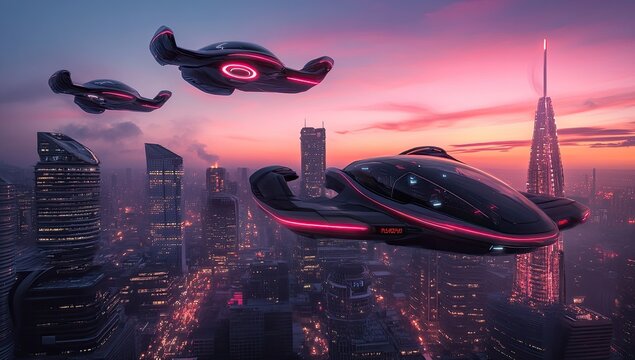 Futuristic flying cars over cityscape at sunset - Powered by Adobe