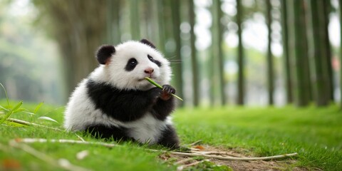 Fototapeta premium Cute panda enjoys bamboo in serene bamboo forest during daylight in a captivating natural setting