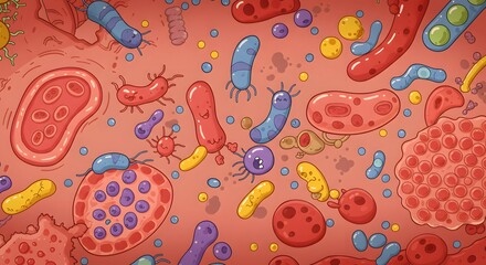 Naklejka premium Colorful Illustration of Microscopic Bacteria and Cells in a Biological Environment