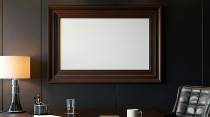 luxurious dark mahogany frame with blank canvas in modern office