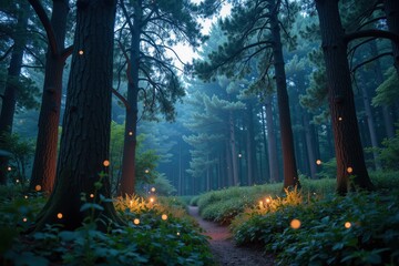 Obraz premium a serene forest scene bathed in a soft blue light, likely during twilight or just after sunset. Tall, majestic trees rise from the ground