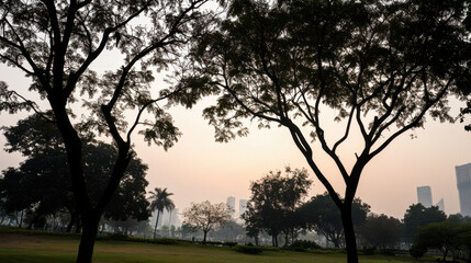 Fototapeta premium serene urban park with silhouetted trees against hazy skyline