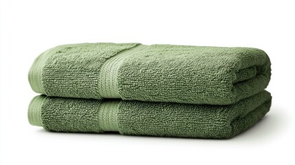 A thick, neatly folded sage green towel with a luxurious velvety texture, isolated on a transparent background, perfect for bathroom and wellness imagery